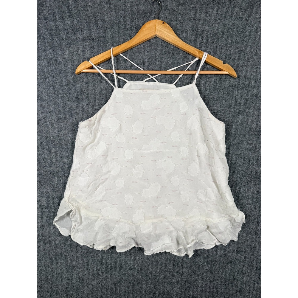 LOFT Textured Cami Top Womens Small Petite White Criss Cross Straps Ruffle Hem